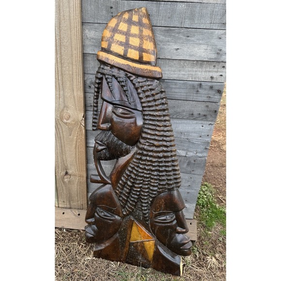 Vintage Handcrafted Wood Rasta Man Silhouette Wall Décor Jamaican 3 Profile Face